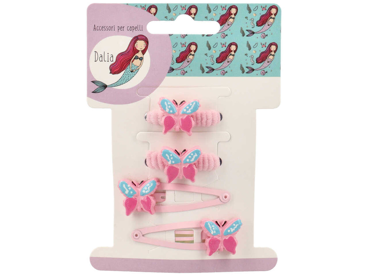 Set 2 clic clac 5cm e 2polsini con farfalla poliestere, metallo senza nichel