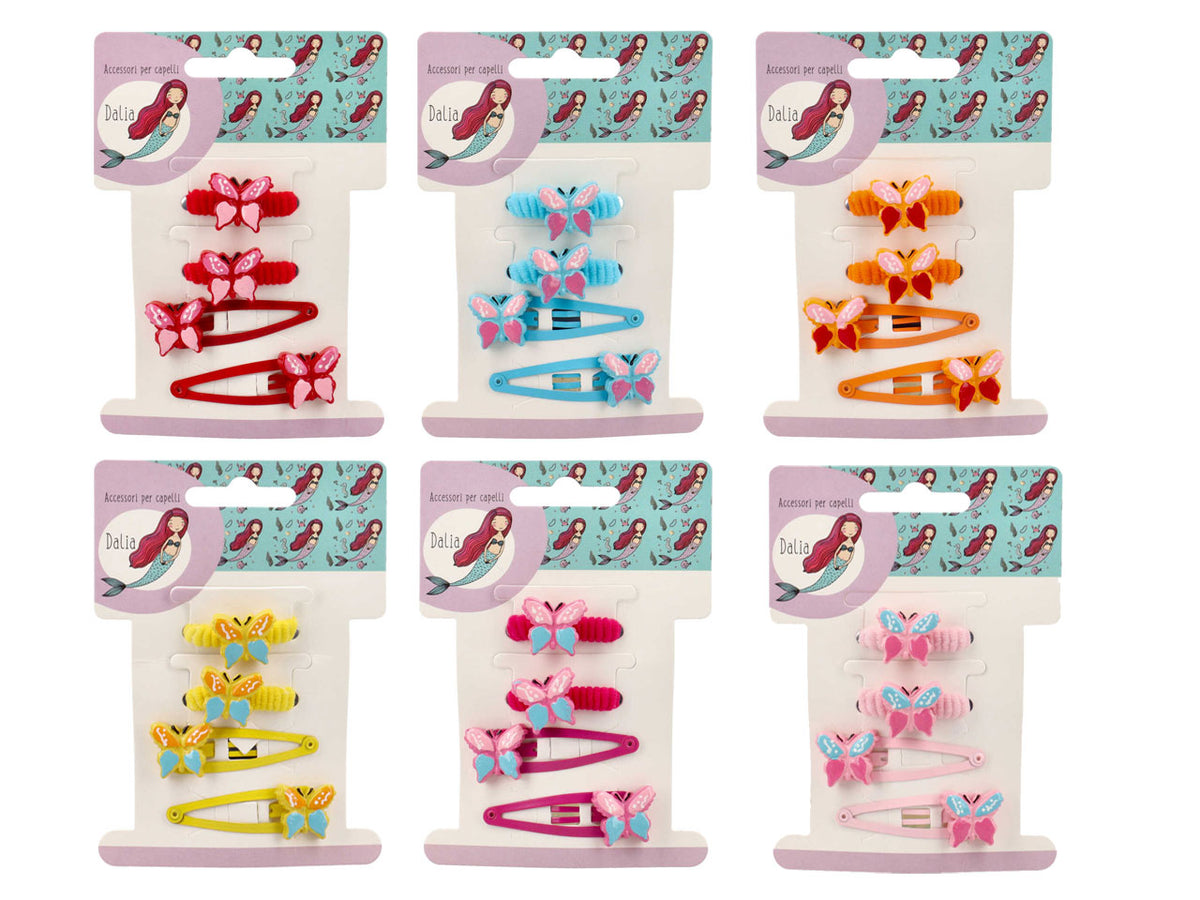 Set 2 clic clac 5cm e 2polsini con farfalla poliestere, metallo senza nichel