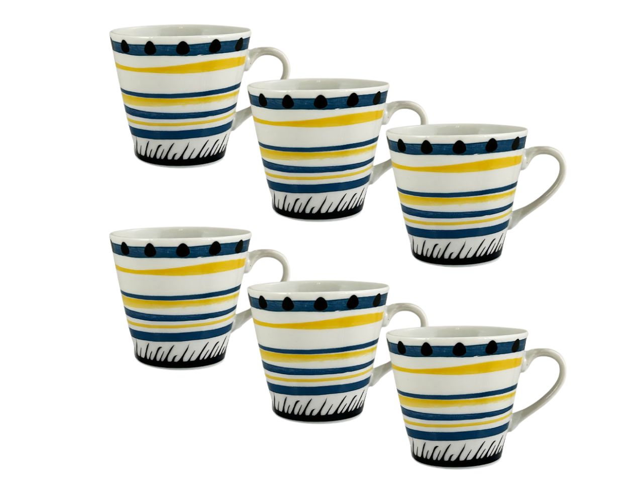 Tazze senza piattino stile mediterraneo in porcellana ottanio e giallo 90 ml, set da 6 tazzine, Linea Apulia - Maison TortorÃ 