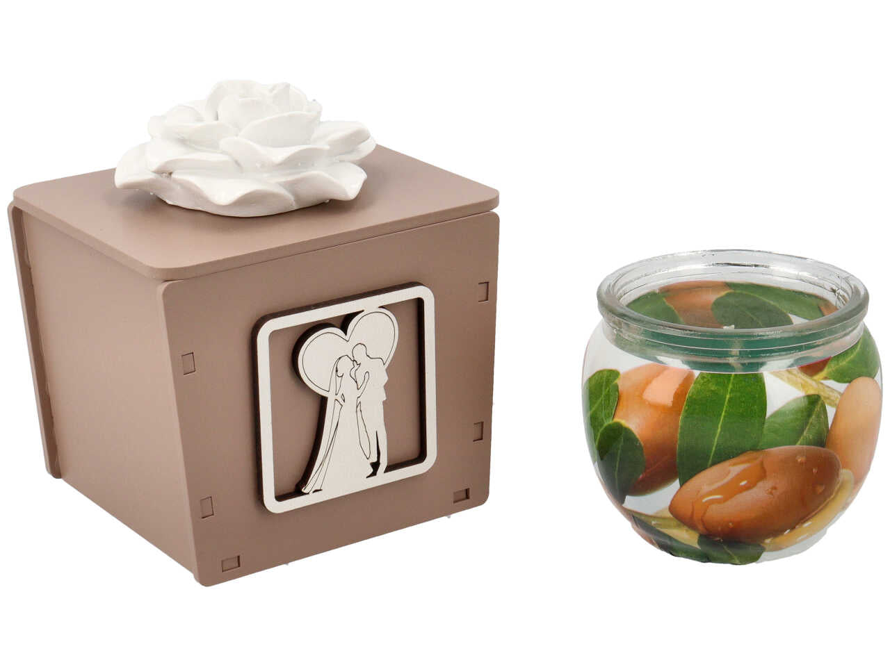 Candela con contenitore legno rosa per sposi colore fango