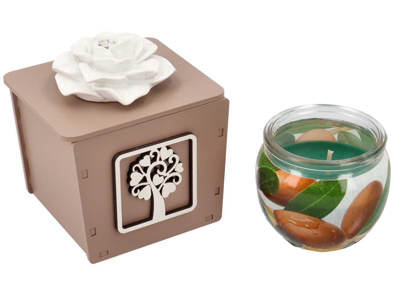 Candela con contenitore legno rosa con albero fango