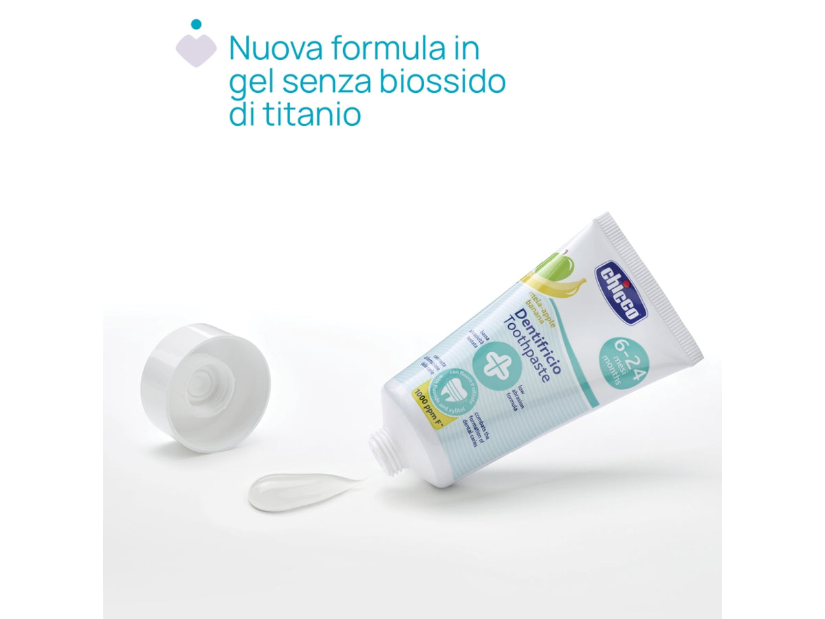 Dentifricio Oral Care Chicco, gusto mela banana per uso quotidiano, 6-24m