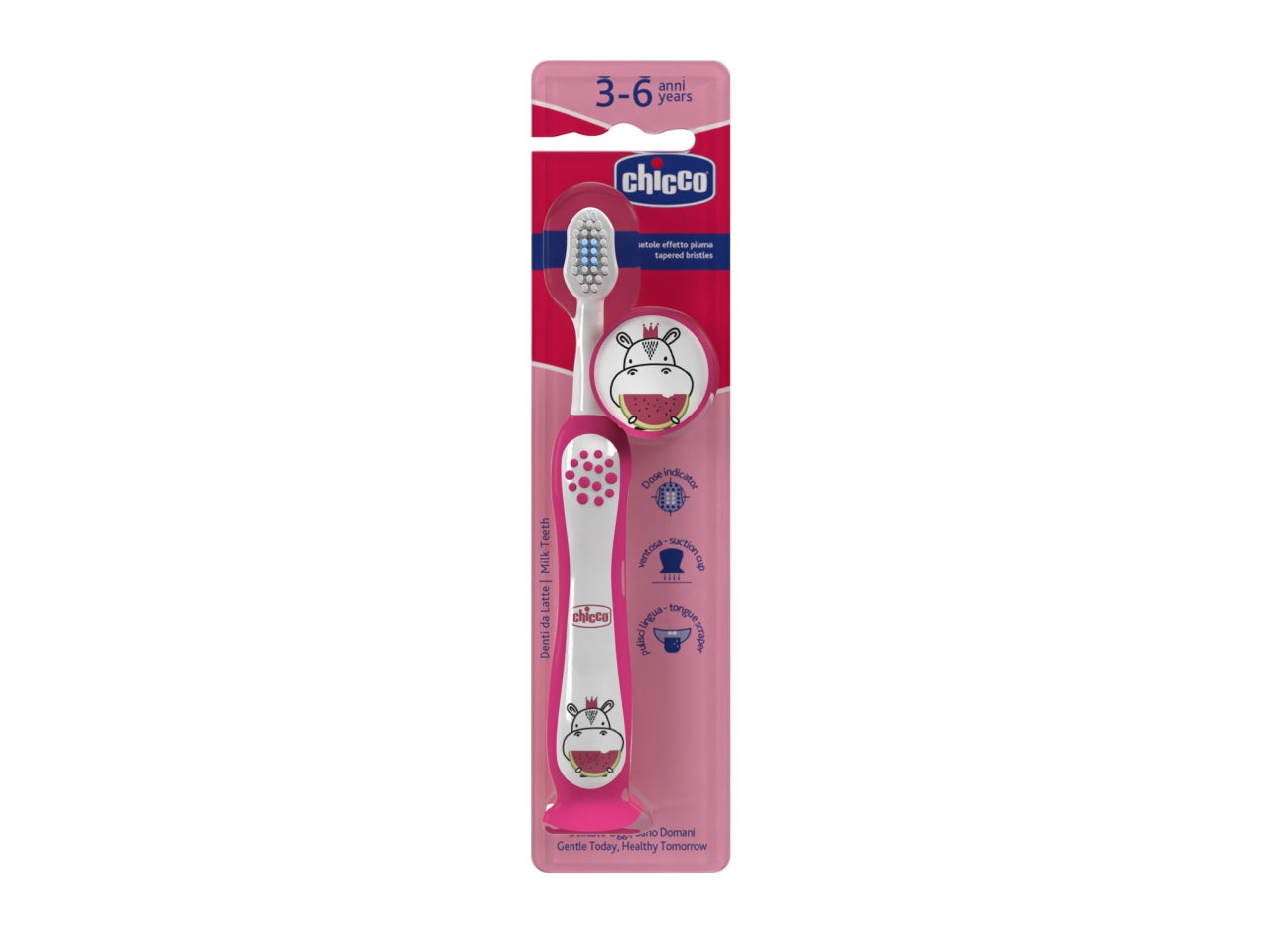 Spazzolino Hippo Oral Care Chicco con setole ultra sottili e impugnatura ergonomica rosa, 3-6 anni