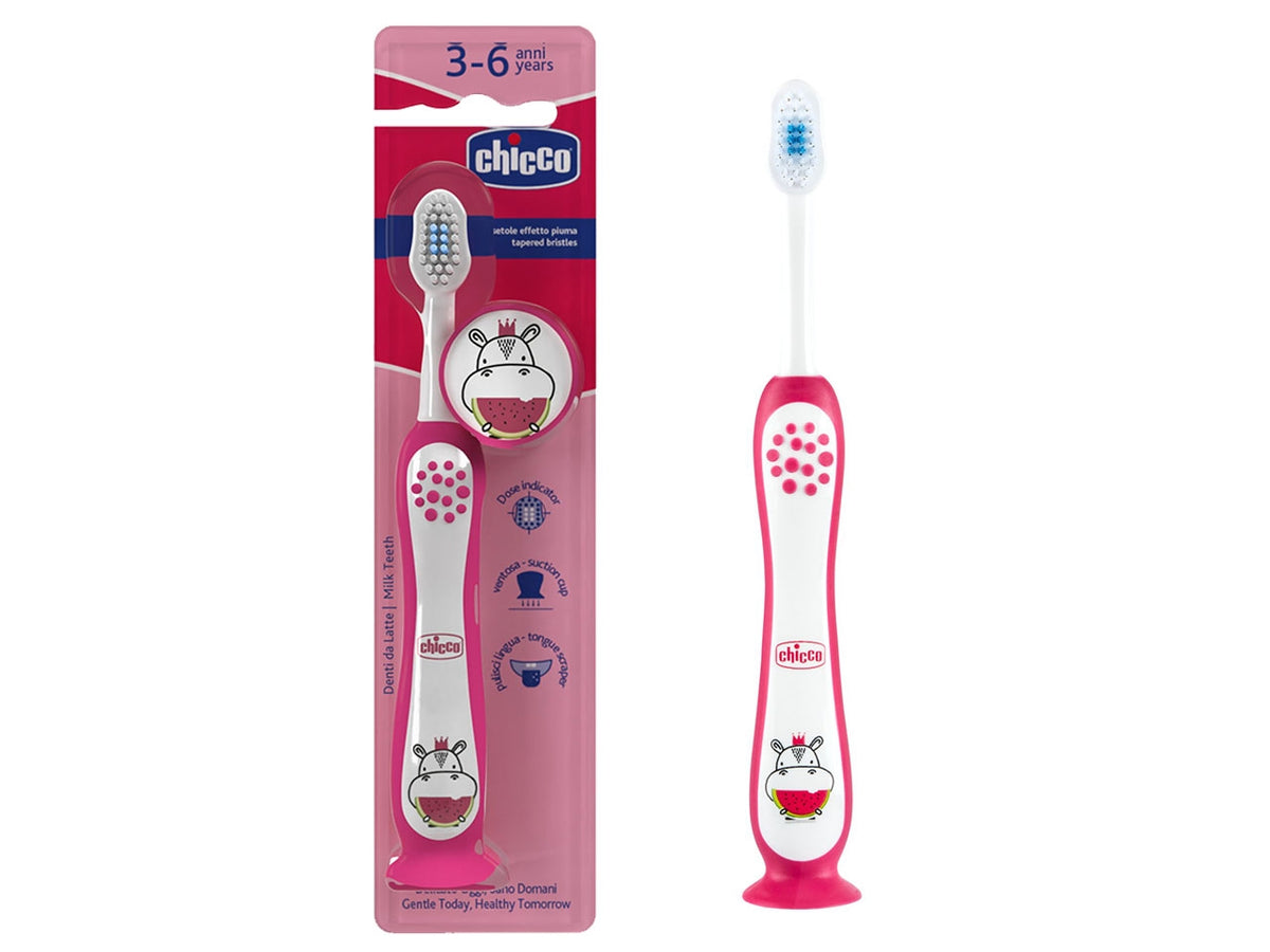Spazzolino Hippo Oral Care Chicco con setole ultra sottili e impugnatura ergonomica rosa, 3-6 anni
