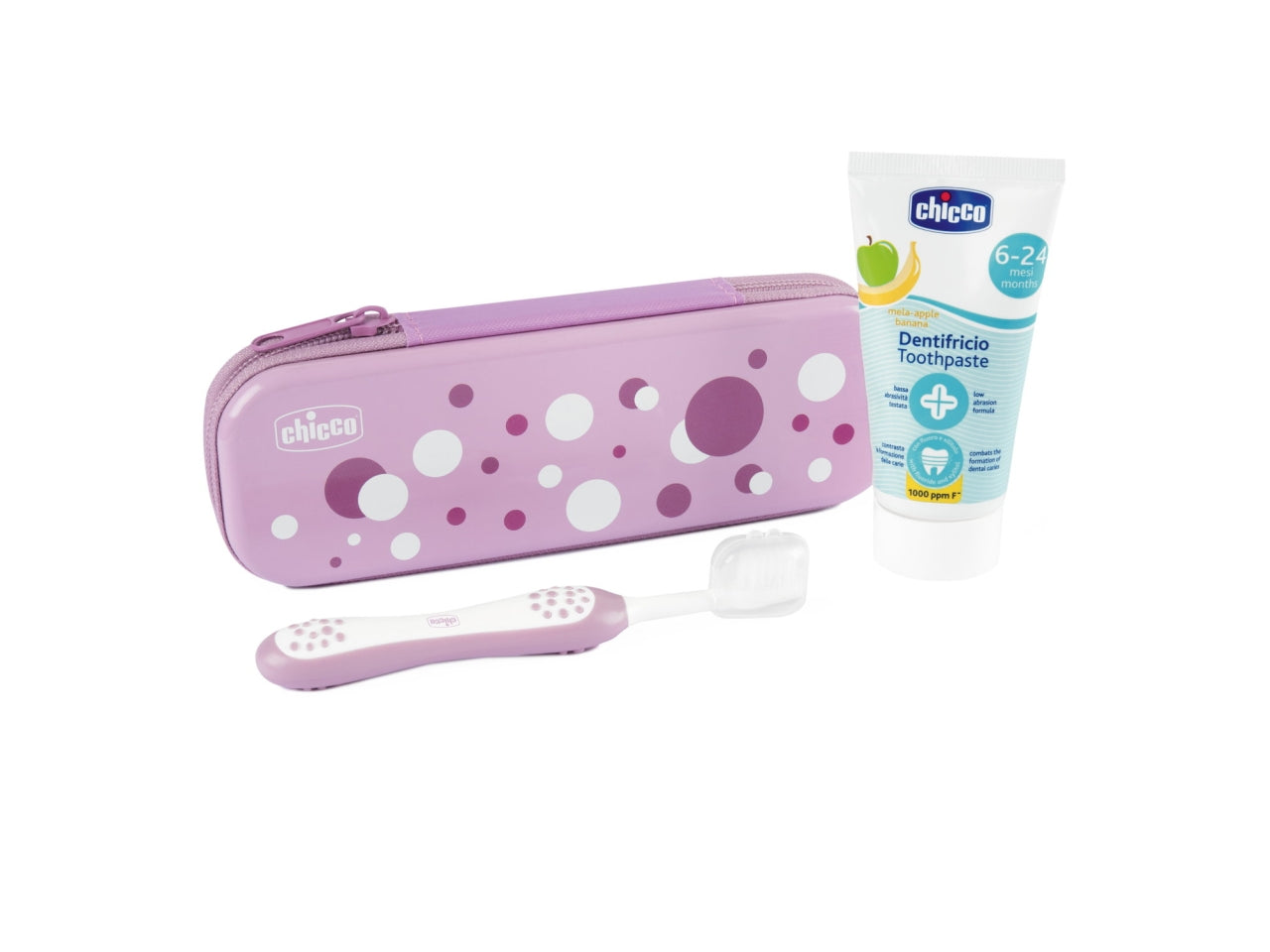 Astuccio Oral Care Chicco per igiene orale fuori casa con spazzolino e dentifricio, colore lilla, 6 + mesi
