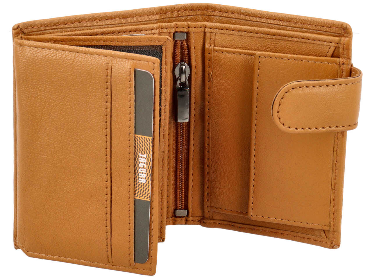 Portafoglio da uomo in pelle stampata ocra, scomparti per carte, e portamonete con chiusura a bottoncino, 8x10 cm - Jaguar