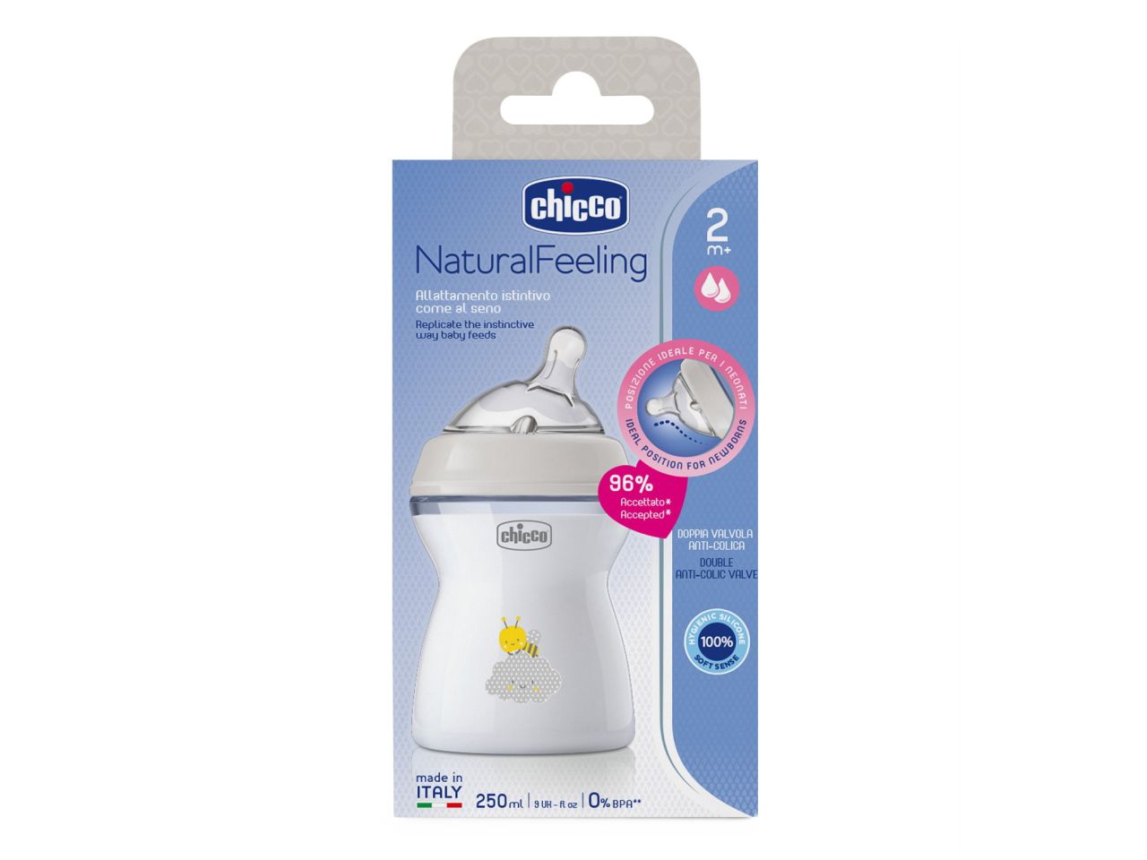 Chicco Natural Feeling Biberon Anticolica 2 Mesi+ da 250 ml con Tettarella in Silicone  Neutro