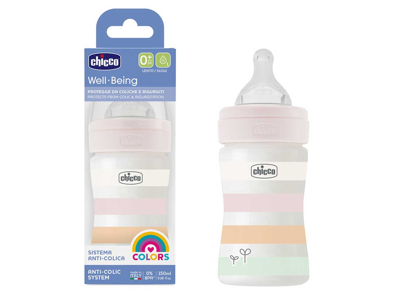 Chicco Biberon Benessere Flusso Lento Bianco con Tettarella Physio in Silicone 150 ml 0 Mesi+