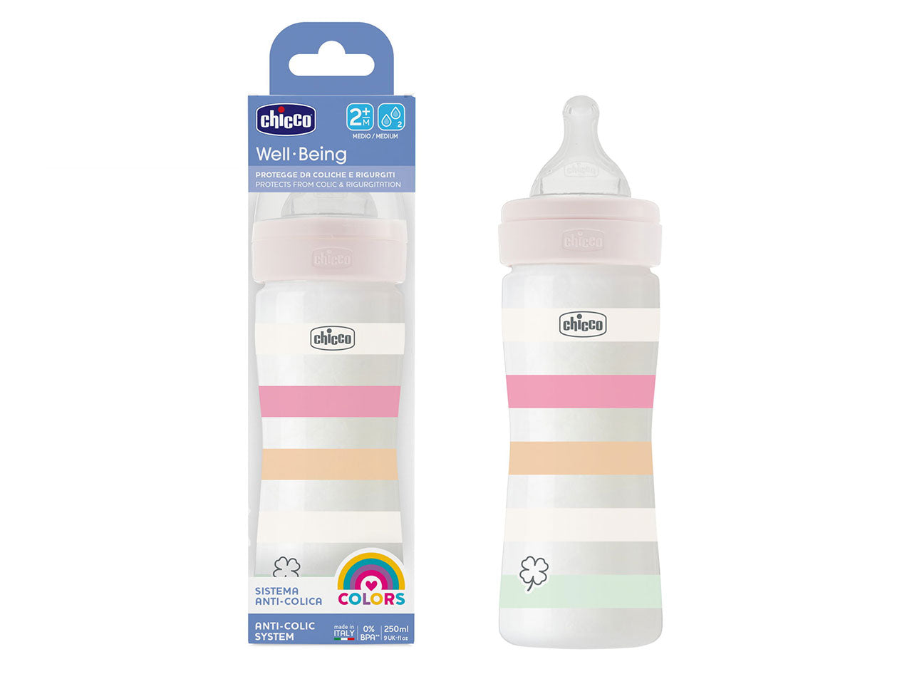 Chicco Biberon Benessere Flusso Rapido Bianco con Tettarella Physio in Silicone 250 ml 2 Mesi+