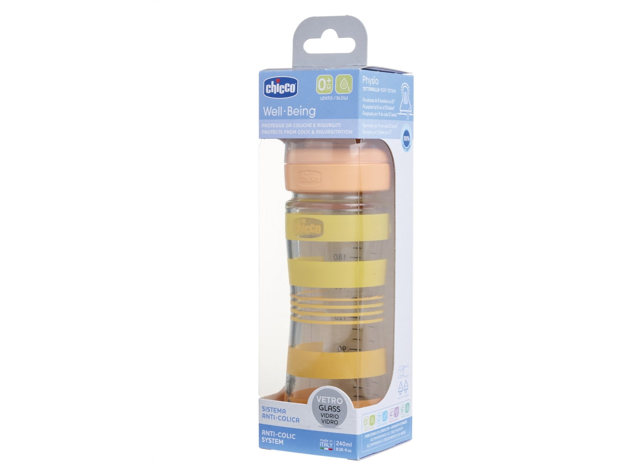 Biberon benessere 240ml flusso lento in vetro arancione