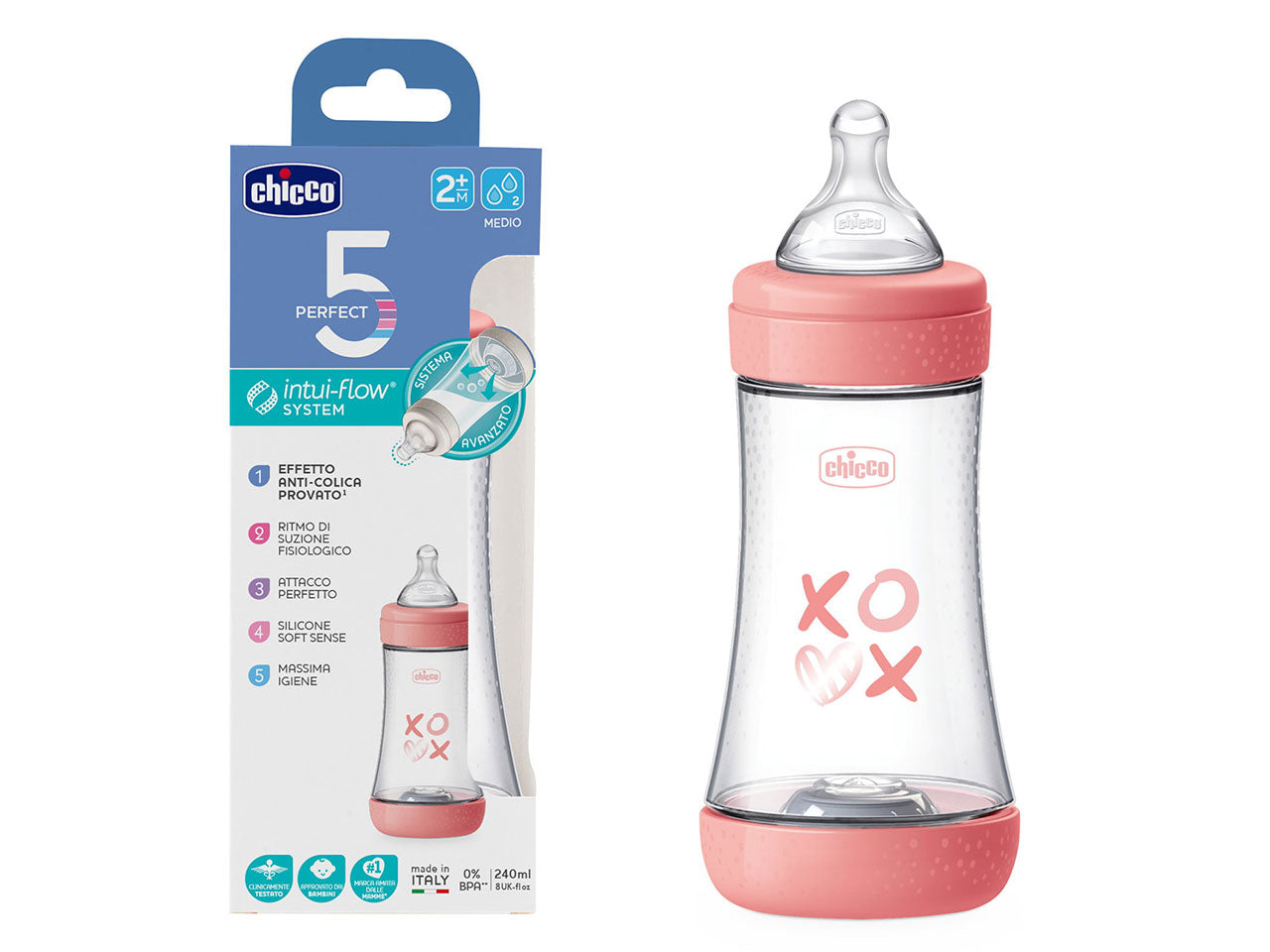 Biberon perfect5 rosa 240ml in silicone 2 fori flusso medio