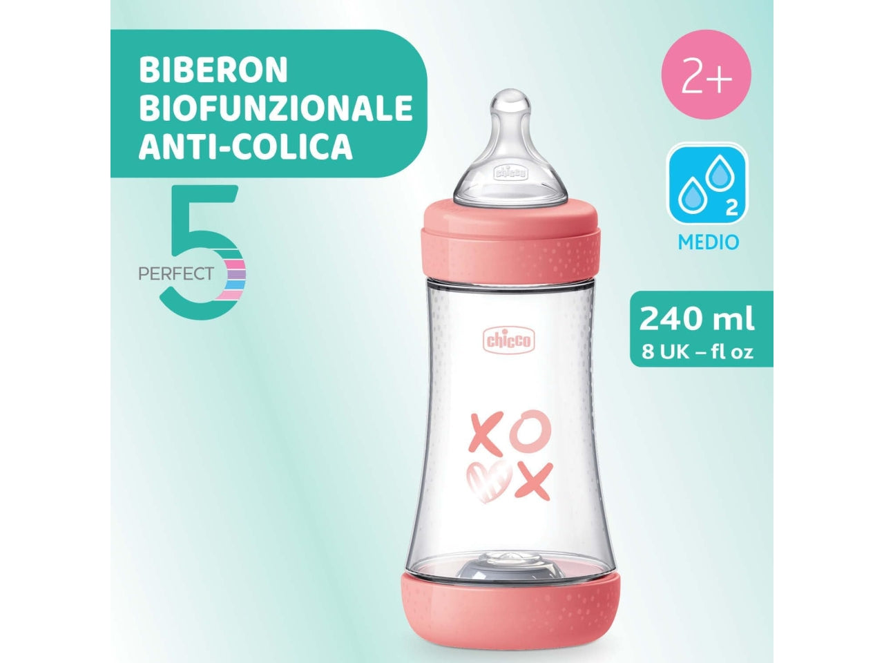 Biberon perfect5 rosa 240ml in silicone 2 fori flusso medio