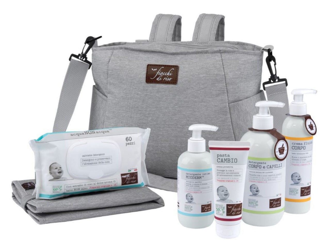 Cofanetto Borsa Fasciatoio Fiocchi Di Riso detergente intimo, pasta cambio, salviette, detergente corpo e capelli, crema fluida corpo e fasciatoio pieghevole - Artsana