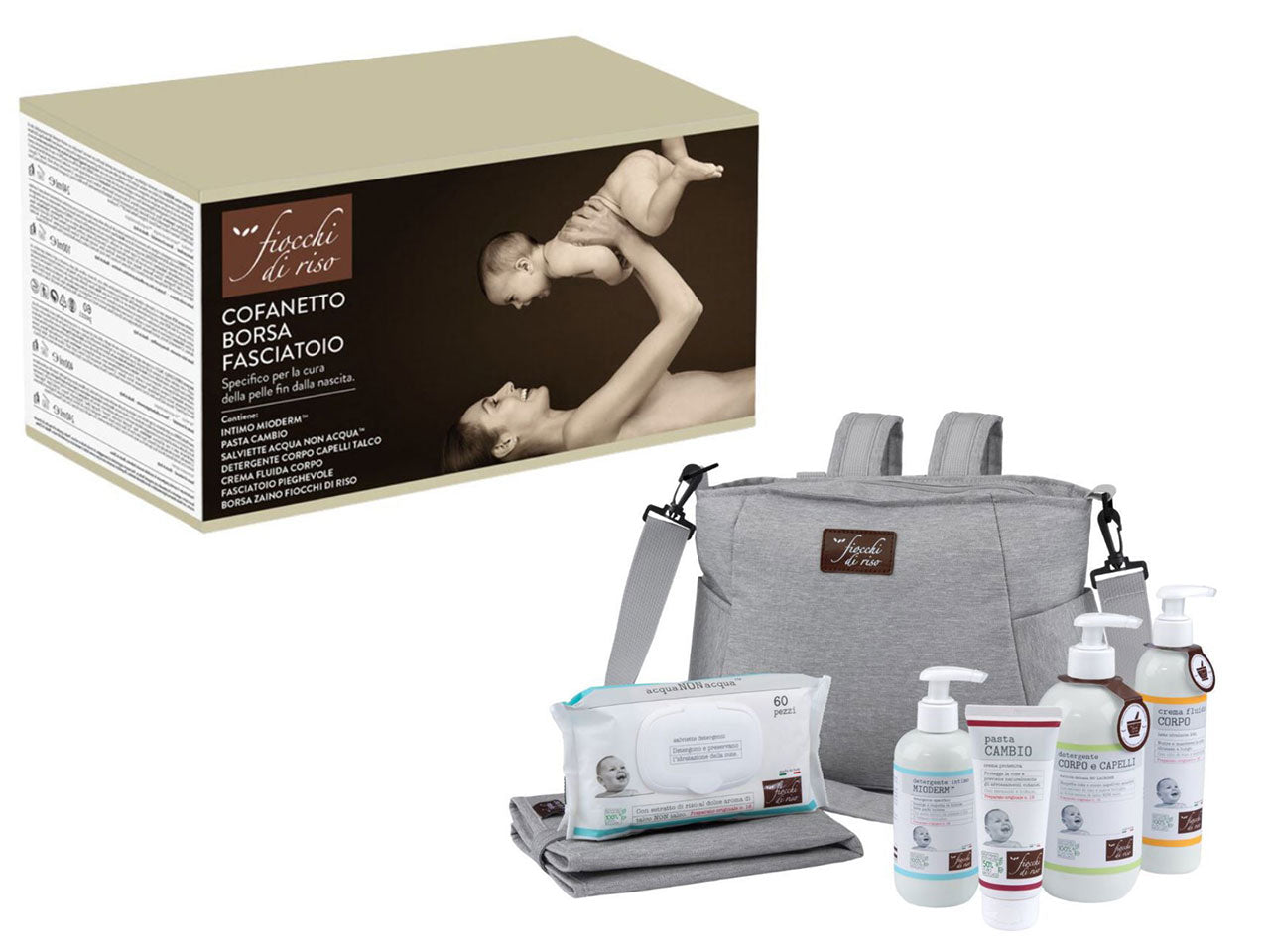 Cofanetto Borsa Fasciatoio Fiocchi Di Riso detergente intimo, pasta cambio, salviette, detergente corpo e capelli, crema fluida corpo e fasciatoio pieghevole - Artsana