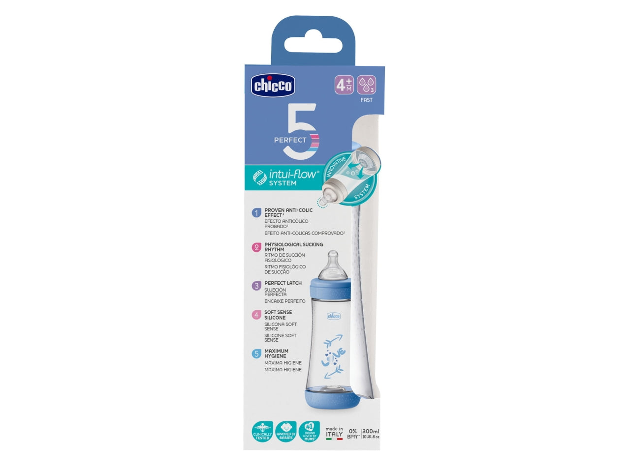 Biberon perfect 5 boy 300 veloce silicone, Adatto per 0+ mesi | Chicco