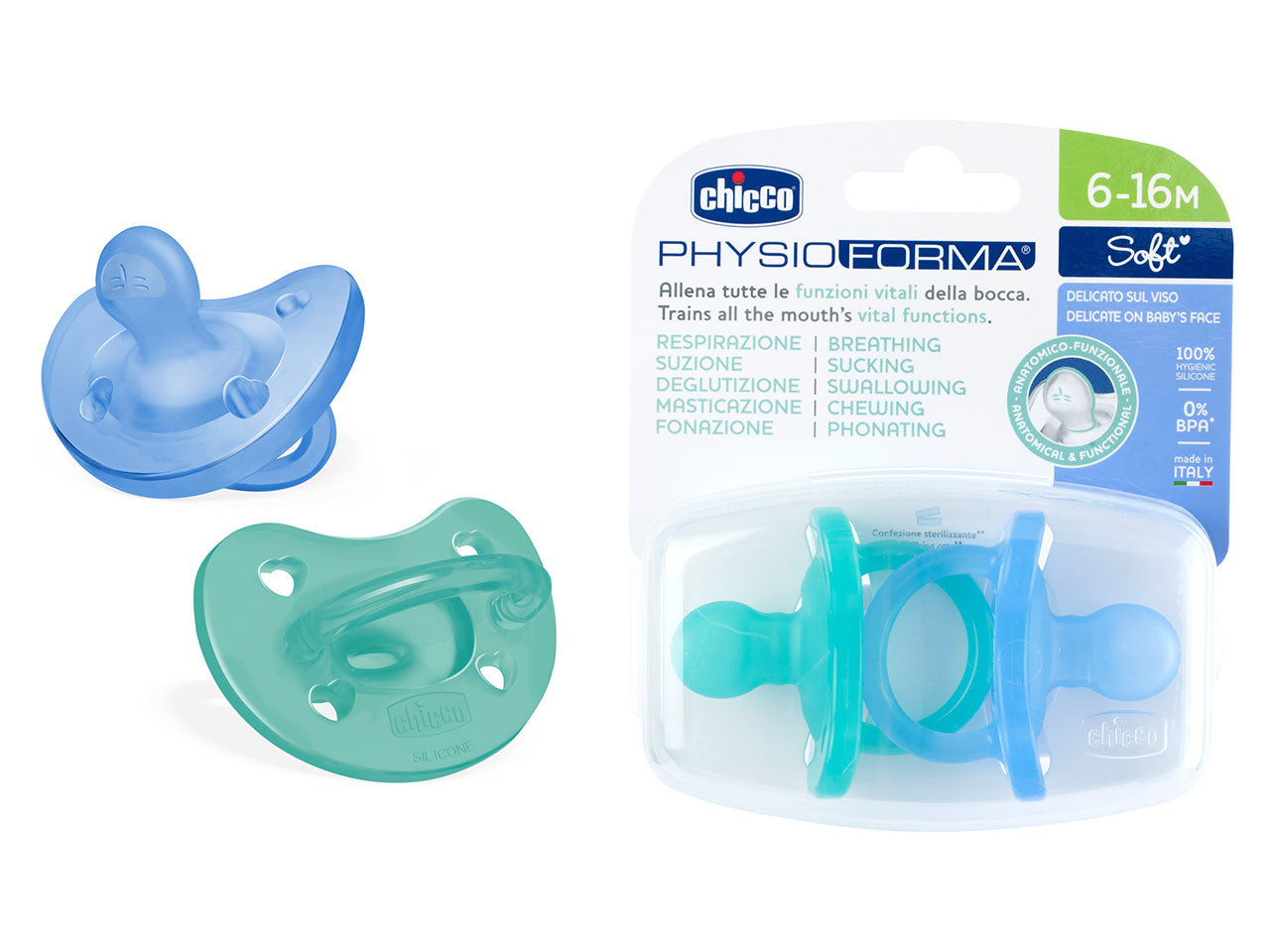Set di 2 gommotti physio soft azzurro 6-16m, Adatto per 6-16 mesi Chicco