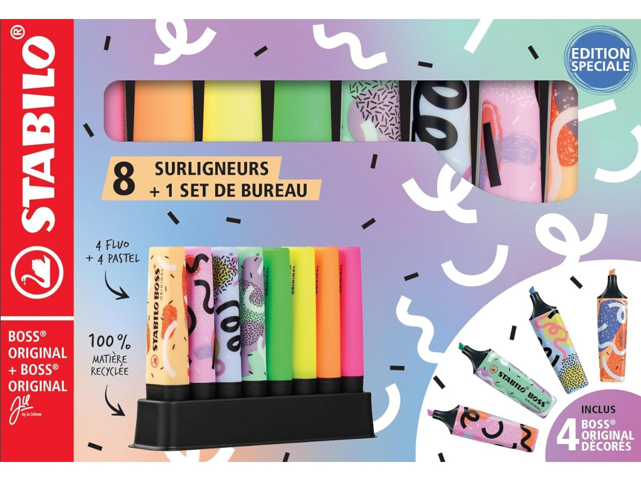 Stabilo Boss, Set di evidenziatori, 4 Boss e 4 Fluo by Juschnee, 8 Pezzi