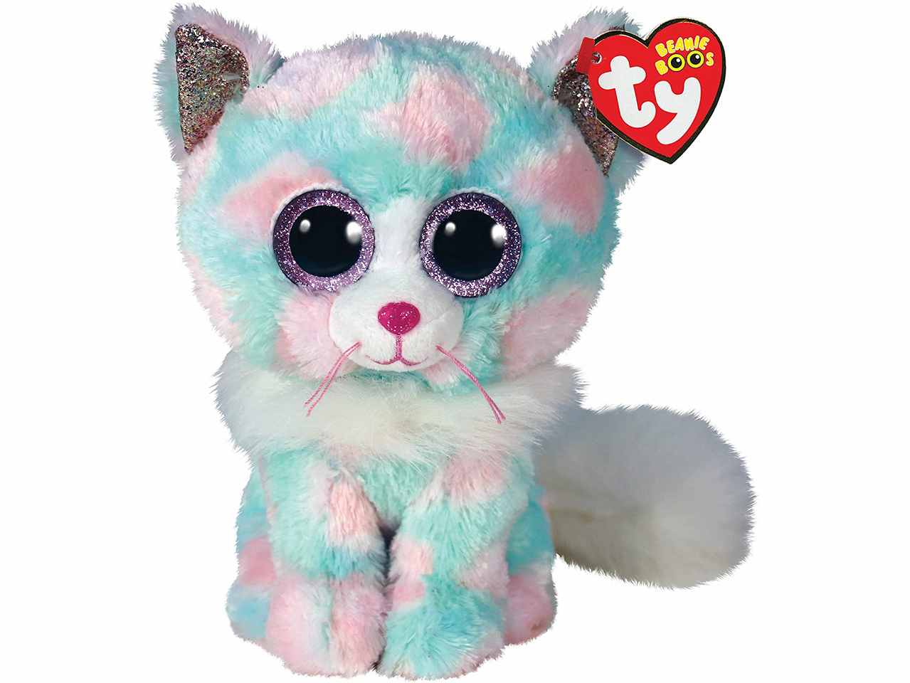 Peluche Ty Beanie Boos Opal Gatto con occhioni e orecchie glitterati azzurro bianco e rosa 15 cm