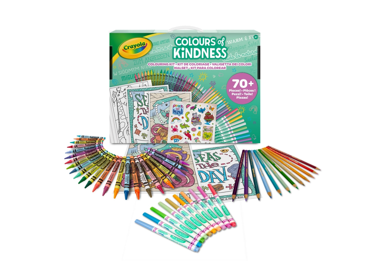 Valigetta dei Colori Colours of Kindness - Multicolor, 31,3x3,5x22,5 cm, 547 gr, Carta, Certificato CE, Unisex, EtÃ  4+, 10 Pennarelli Lavabili Punta Fine, 24 Pastelli a Cera, 12 Matite Colorate, 30 Pagine da Colorare, 1 Foglio di Adesivi | Crayola