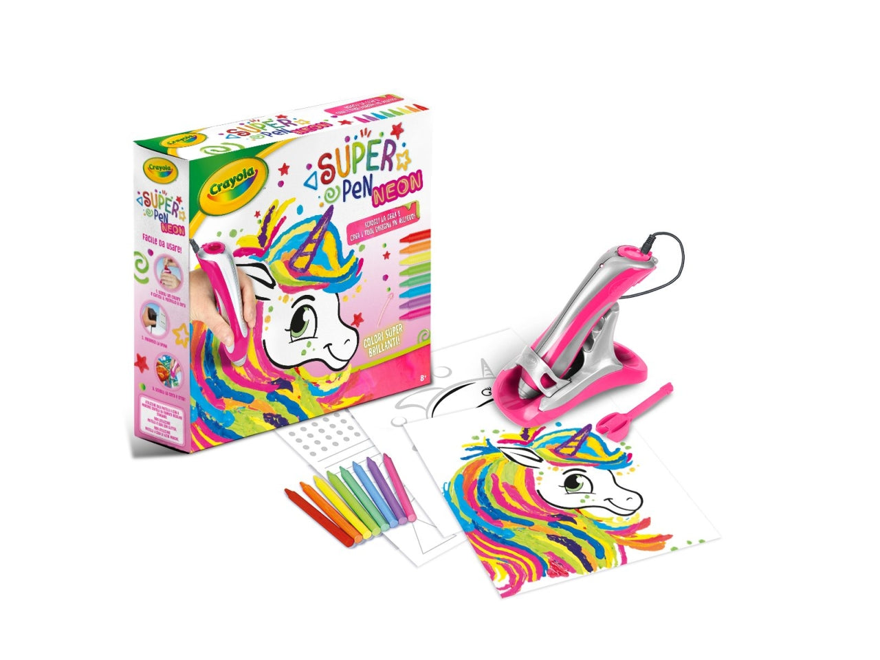 Super Pen Neon - Multicolor, 29x7,5x30 cm, 750 gr, Plastica, Certificato CE, Unisex, EtÃ  8+, 1 UnitÃ  Super Pen, 8 Pastelli a Cera Neon, 3 Fogli Guida 20x25 cm, 1 Strumento Multifunzionale, Base di Appoggio, Adattatore, Guida Rapida, Istruzioni | Cray