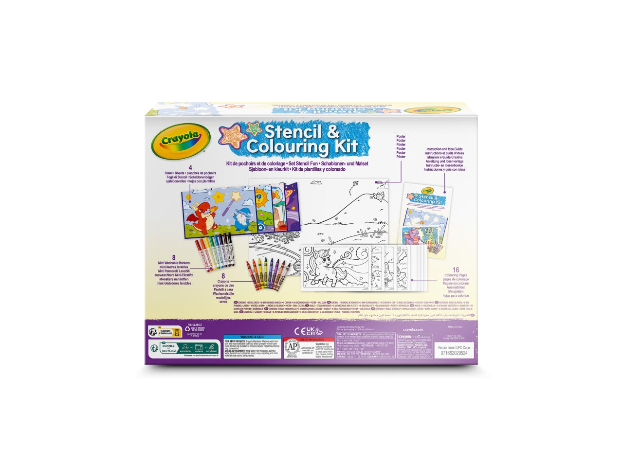Set Stencil Fun - Multicolor, 26,5x5,6x20 cm, 320 gr, Carta, Provenienza Italia, Certificato CE, Unisex, EtÃ  5+, 8 Pennarelli, 8 Pastelli a Cera, 4 Fogli di Stencils, Album da Colorare 16 Pagine, 1 Poster, Guida (8 Pagine) | Crayola
