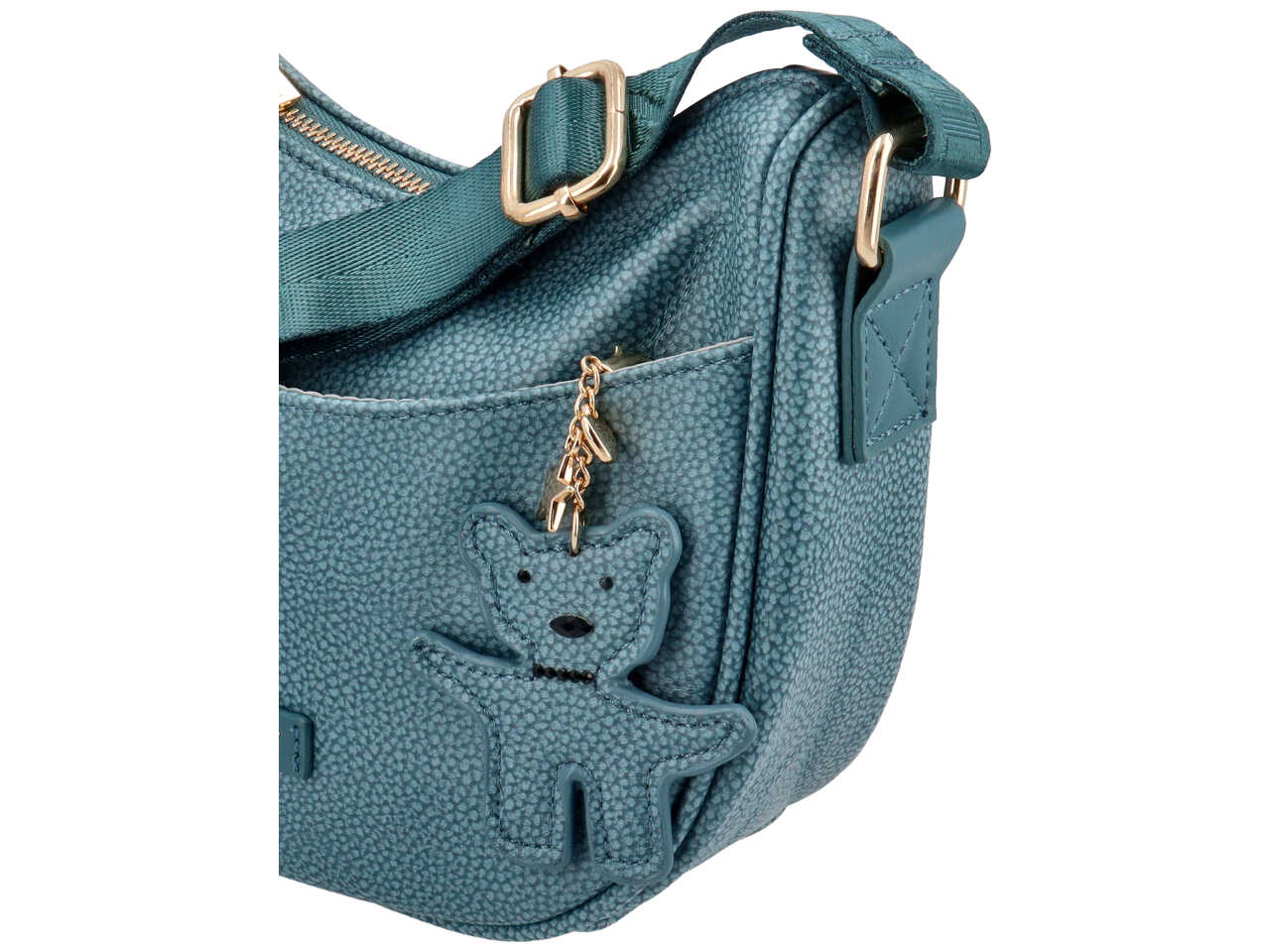 Borsa a tracolla da donna colore blu jeans in similpelle con ciondolo orsetto, 20x24x8,5 cm - Naj Oleari $