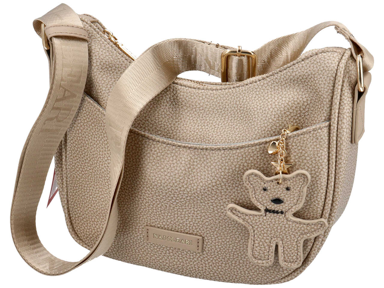 Borsa a tracolla da donna sabbia in similpelle con ciondolo orsetto, 20x24x8,5 cm - Naj Oleari $