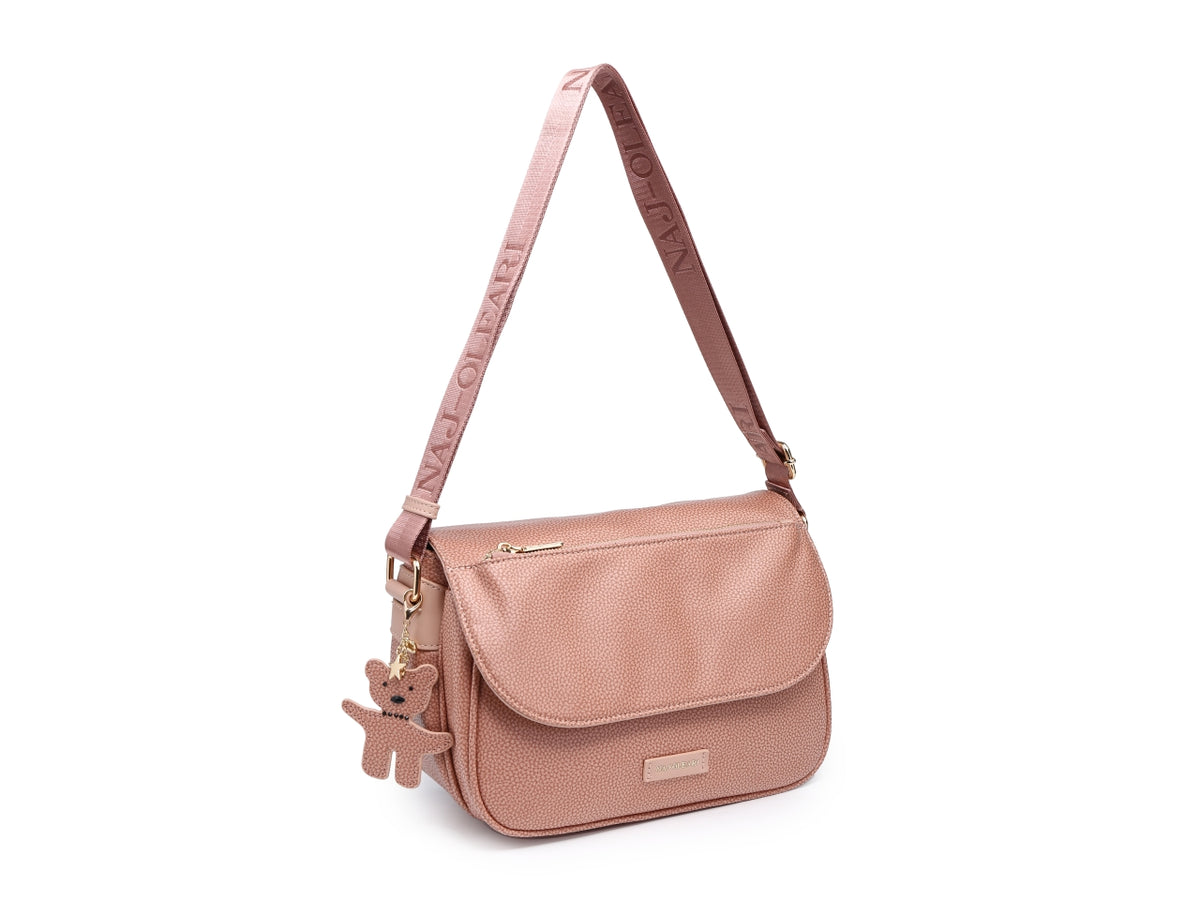 Borsa con tracolla da donna albicocca in similpelle con ciondolo orsetto, 20x28x14 cm - Naj Oleari $