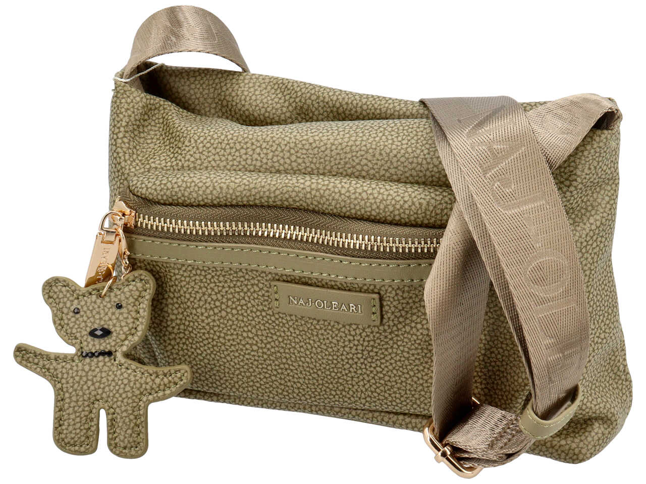 Borsa con tracolla da donna in similpelle verde oliva con ciondolo orsetto,15x26x6,5 cm - Naj Oleari $