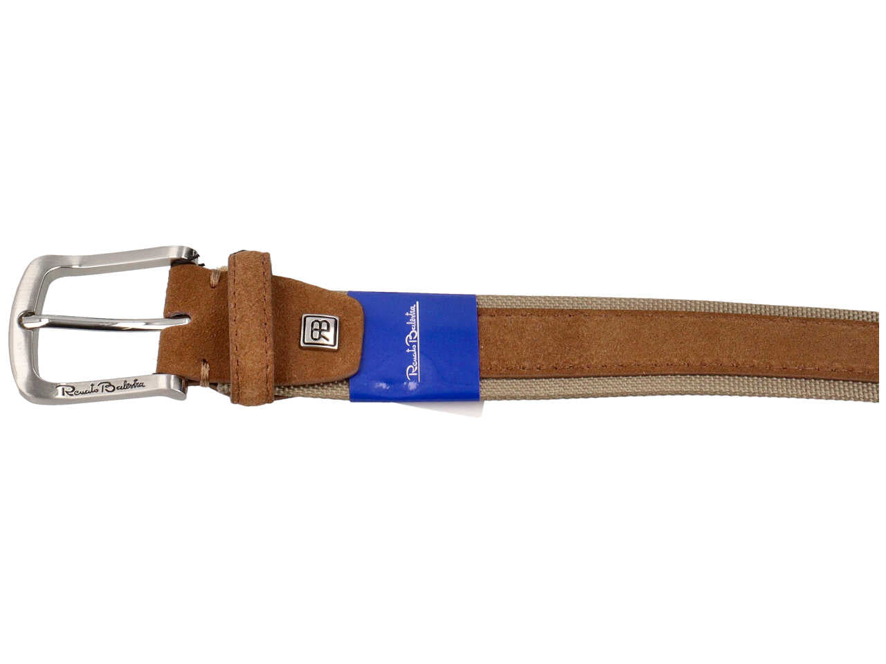 Cintura da uomo cuoio in tela e nabuk con fibbia argentata satinata, 3,5 cm in taglie assortite dalla 115 alla 130 cm - Renato Balestra