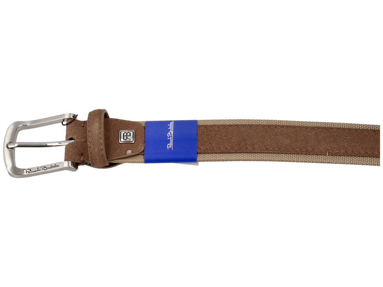 Cintura da uomo marrone in tela e nabuk con fibbia argentata satinata, 3,5 cm in taglie assortite dalla 115 alla 130 cm - Renato Balestra