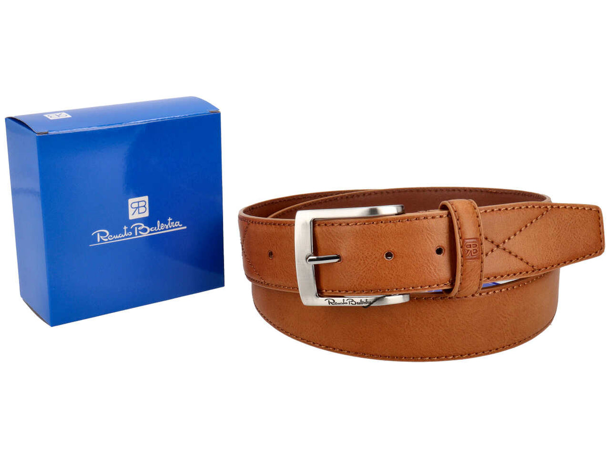 Cintura da uomo cuoio in pelle con fibbia argento, 4 cm in taglie assortite dalla 115 alla 130 cm - Renato Balestra $