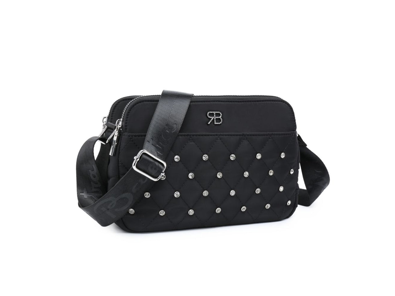 Borsa a tracolla Renato Balestra da donna nero in tessuto con borchie strass 23x15x12 cm $