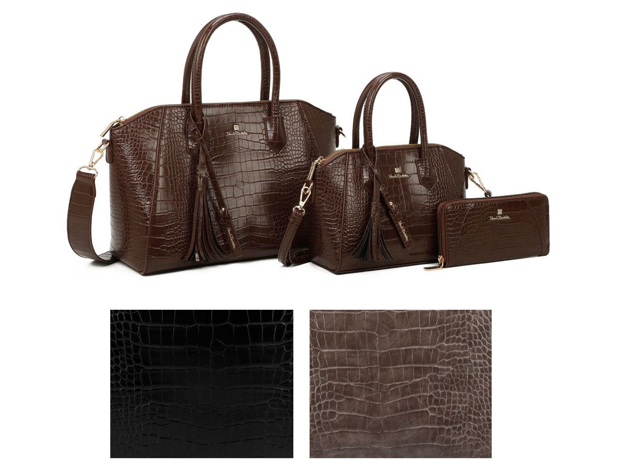 Borsa a mano Renato Balestra da donna marrone e nera in simil pelle effetto coccodrillo, set di 2 pezzi con portafoglio $