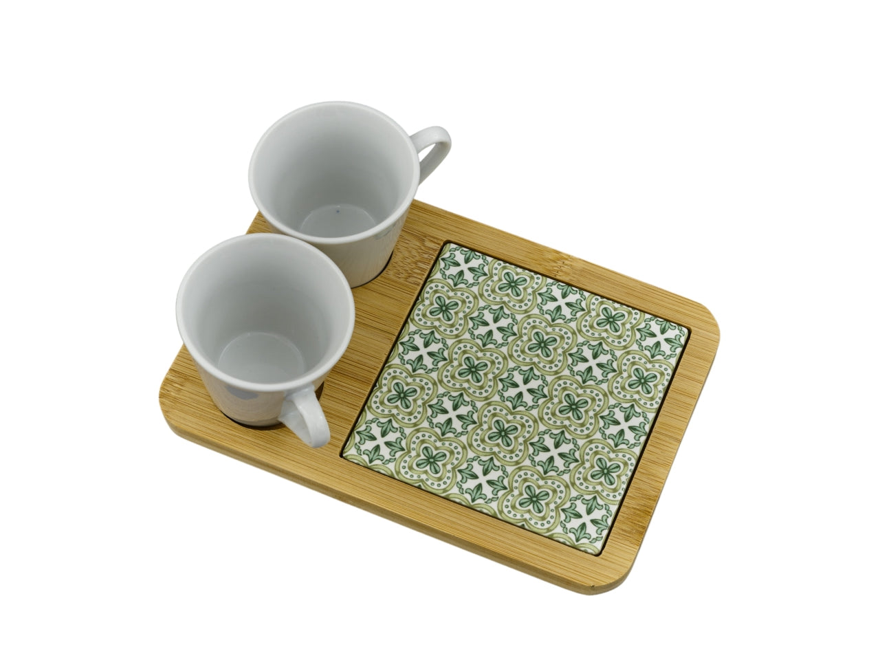 Set 2 Tazzine CaffÃ¨ con Vassoio in Bamboo, linea Green - Design Italiano con Dettagli in Maiolica Verde, Ideale per Regalo - 18x12x6,5cm - Brand Melograno