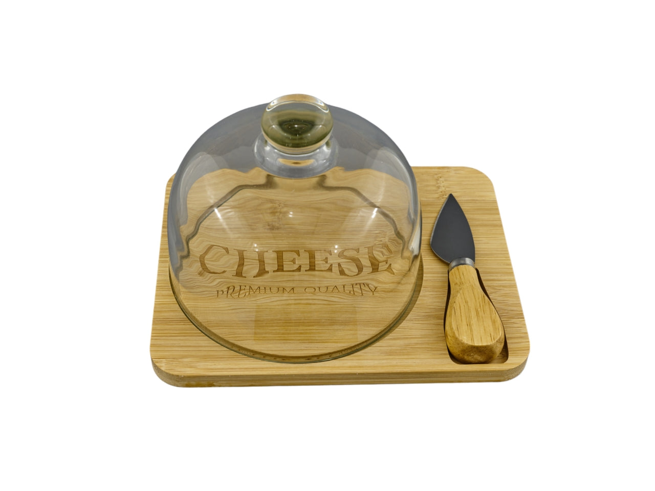Set Tagliere per Formaggi in Bamboo con Cupoletta in Vetro e Coltellino per formaggi - Ideale per Regalo, 19x15x12cm,