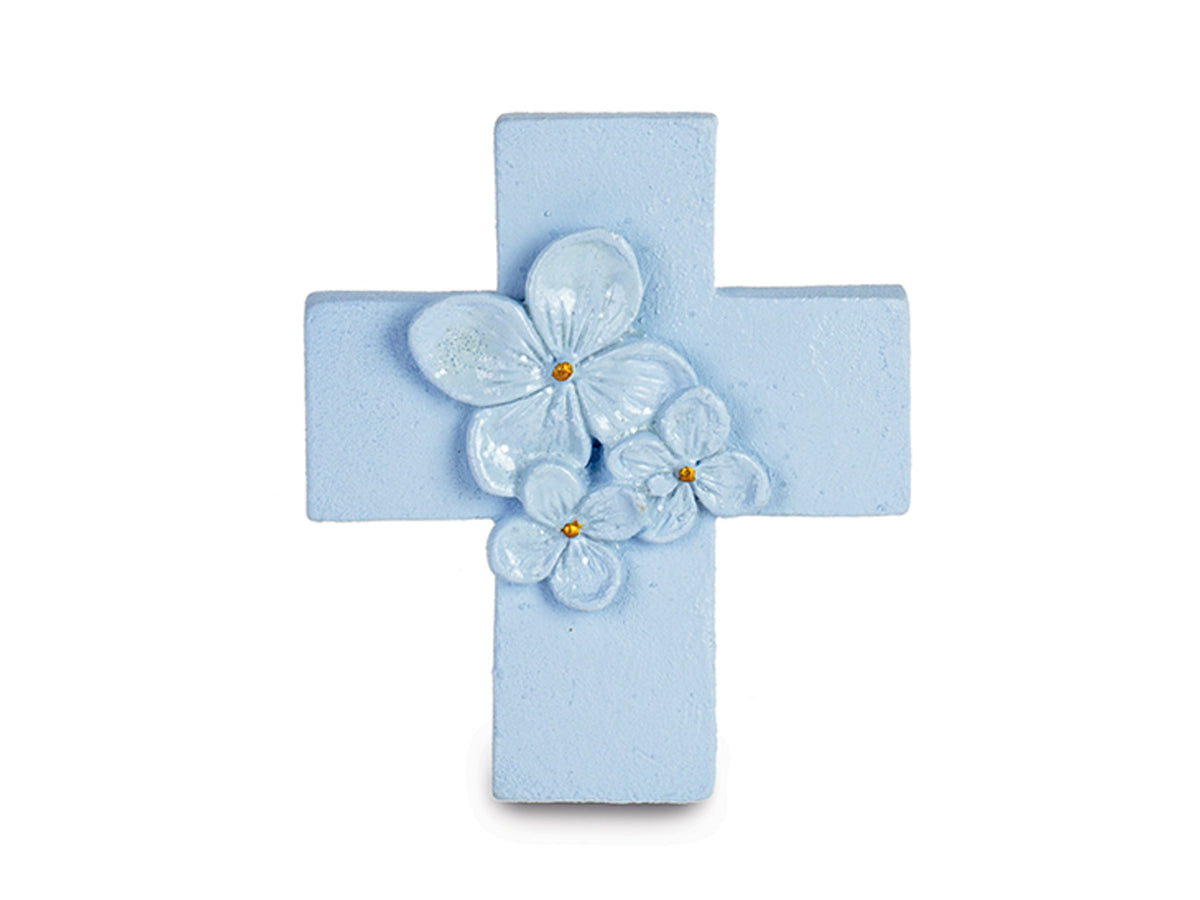 Magnete croce azzurra con fiori glitterati  h.5cm