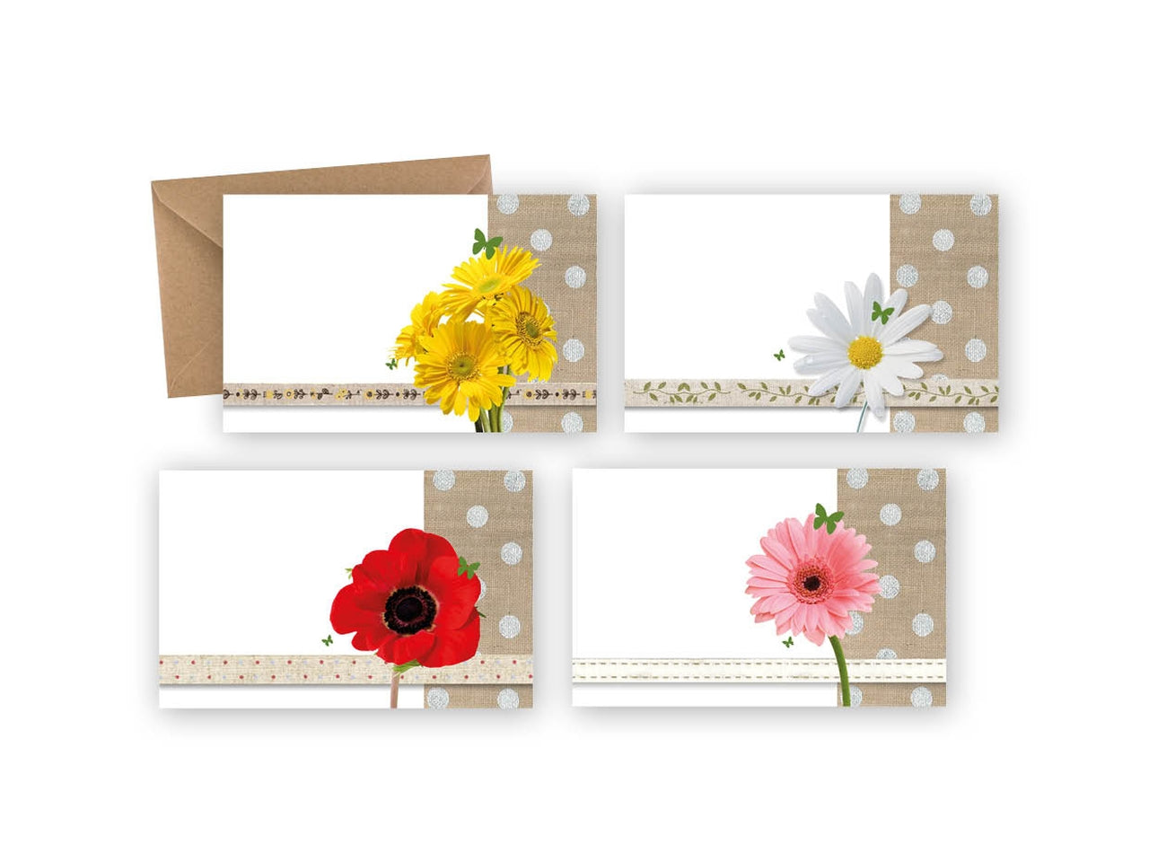 Bigliettino e busta speciale 25x4 soggetti assortiti fiori su kraft - la confezione comprende 100 buste e 100 bigliettini