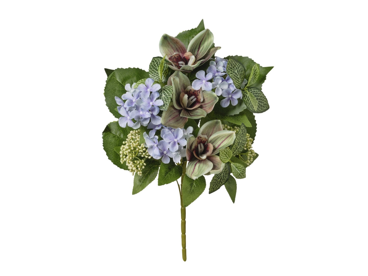 Mazzo frontale orchidee e ortensie verde 45cm