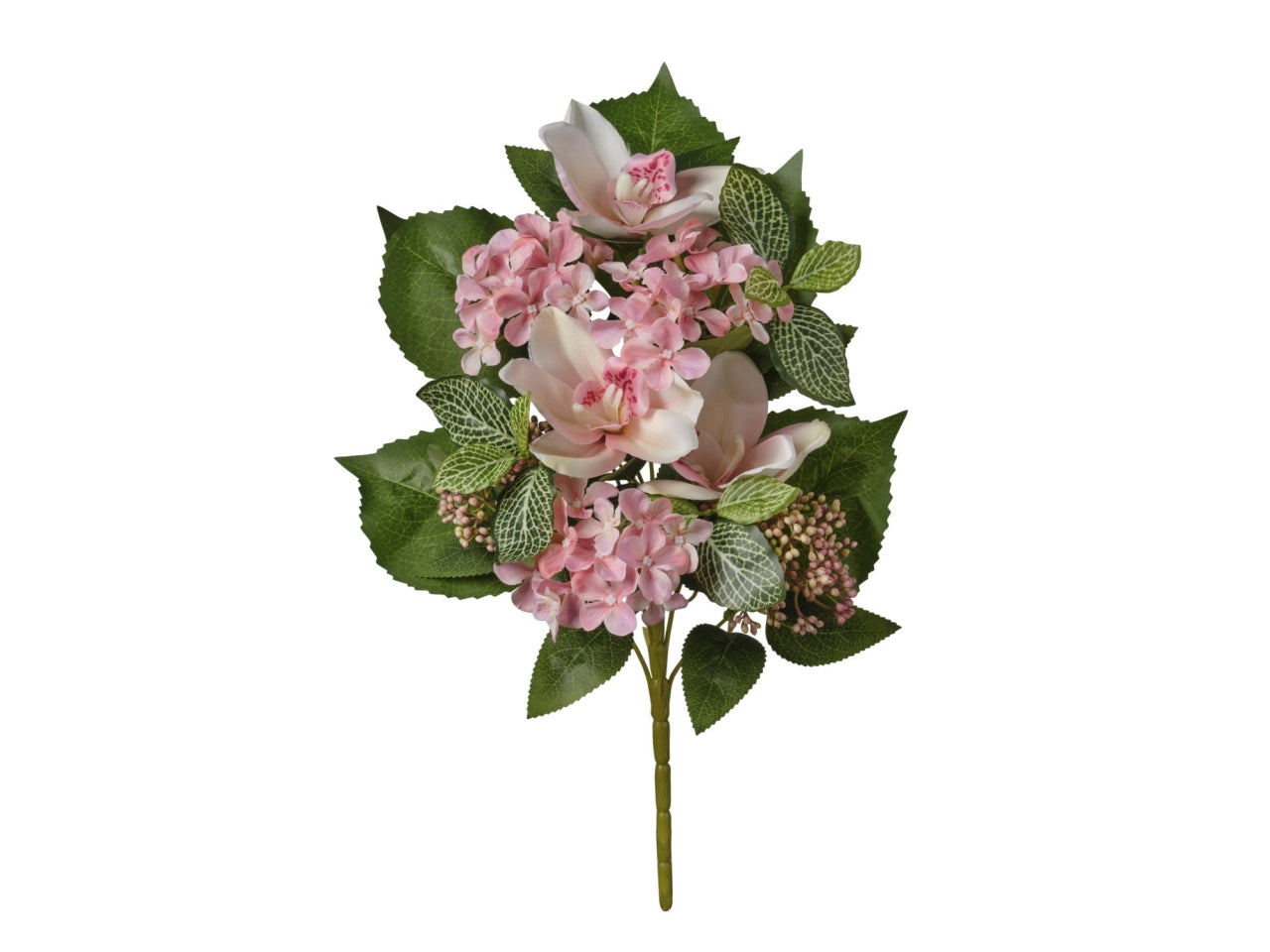 Mazzo frontale orchidee e ortensie salmone 45cm