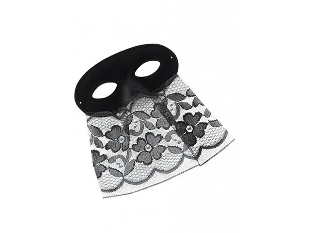 Domino scamosciato nero con bautta di pizzo nero