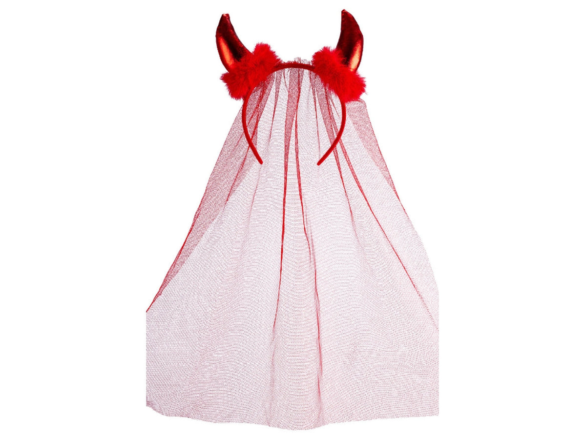 Cerchietto diavolo rosso con marabout e velo in tulle