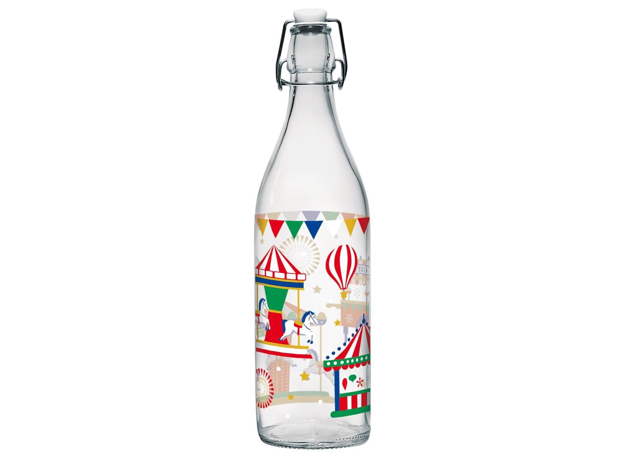 Bottiglia modello lory in vetro capacita' 1lt misura d.86xh.307mm con tappo bianco e decorazione carosello