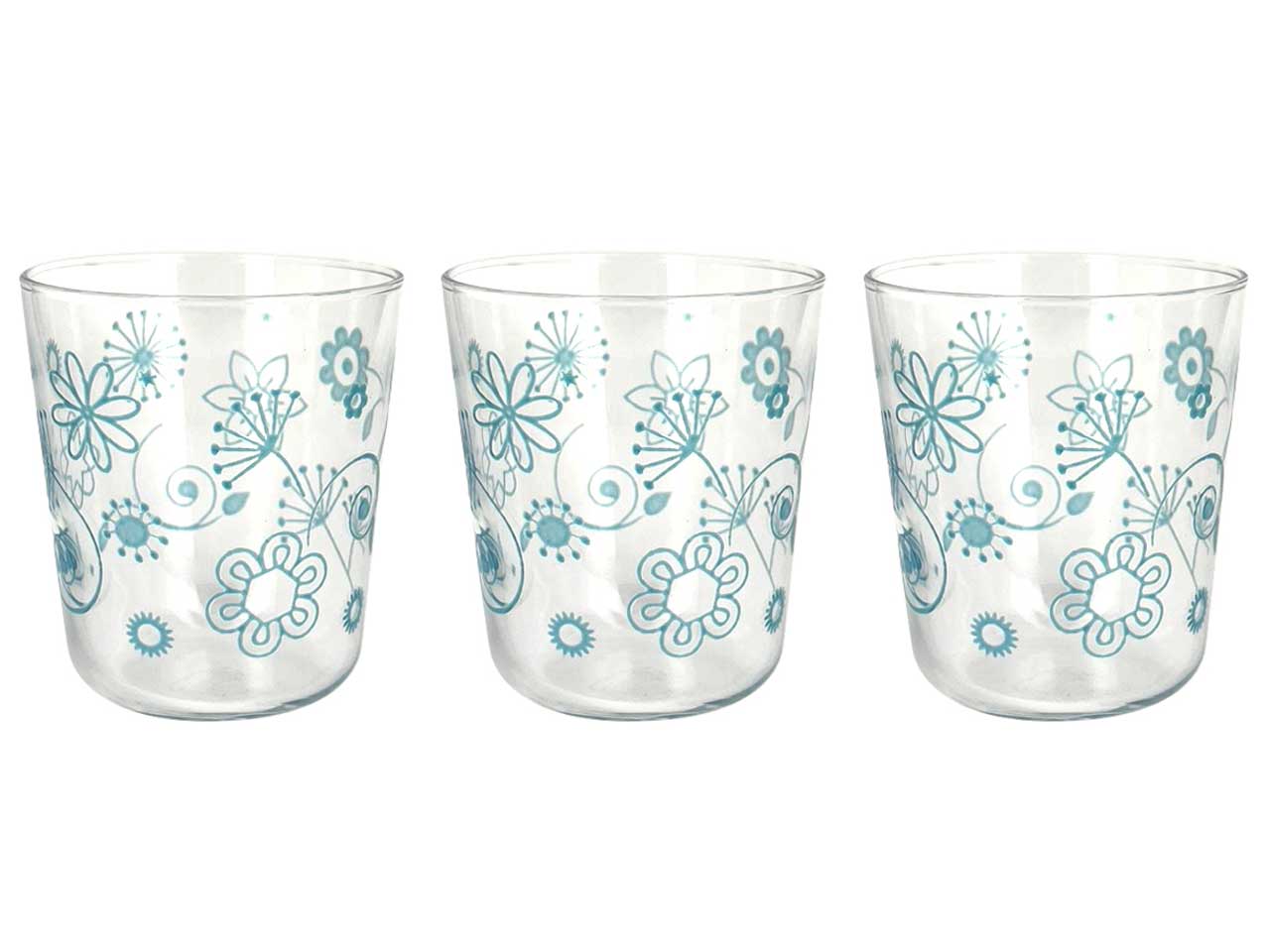 Bicchieri acqua in vetro 315cc Simply flower azzurro, confezione da 3 bicchieri - Cerve