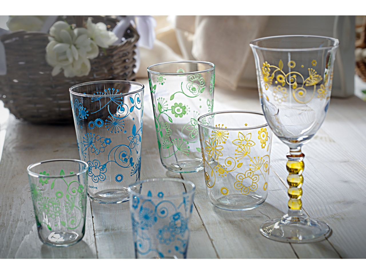 Bicchieri acqua in vetro 315cc Simply flower azzurro, confezione da 3 bicchieri - Cerve