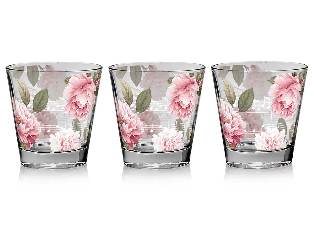 Bicchiere acqua nadia 250cc in vetro decorato music peony set da 3 bicchieri