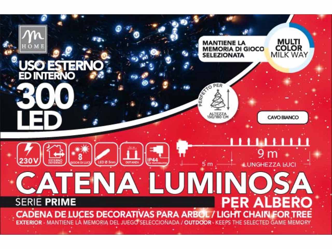 Catena luminosa 300 led colore milkway su filo bianco 8 giochi da esterno lunghezza 14m