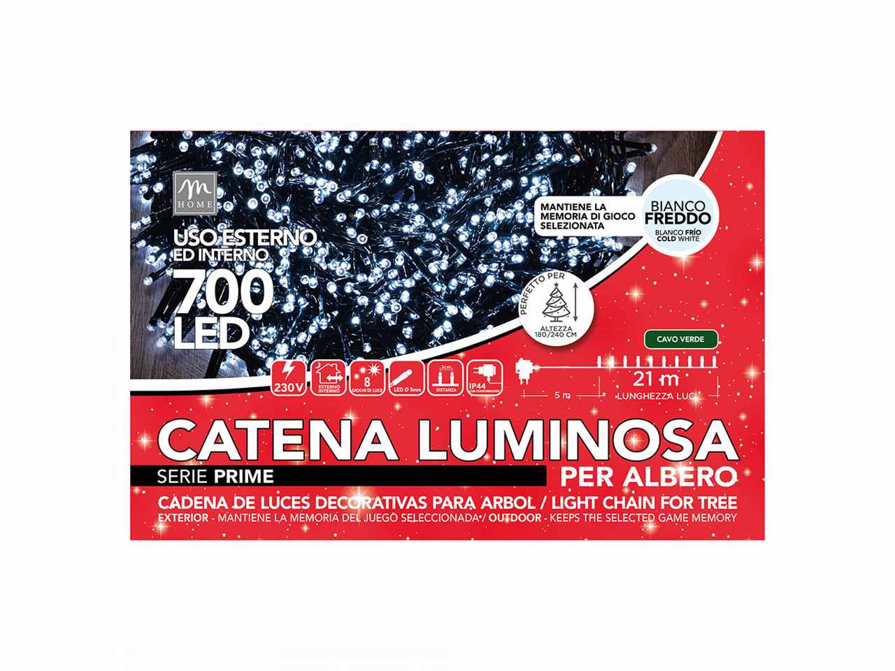 Catena luminosa 700 led colore bianco 8 giochi da esterno 26m in scatola regalo