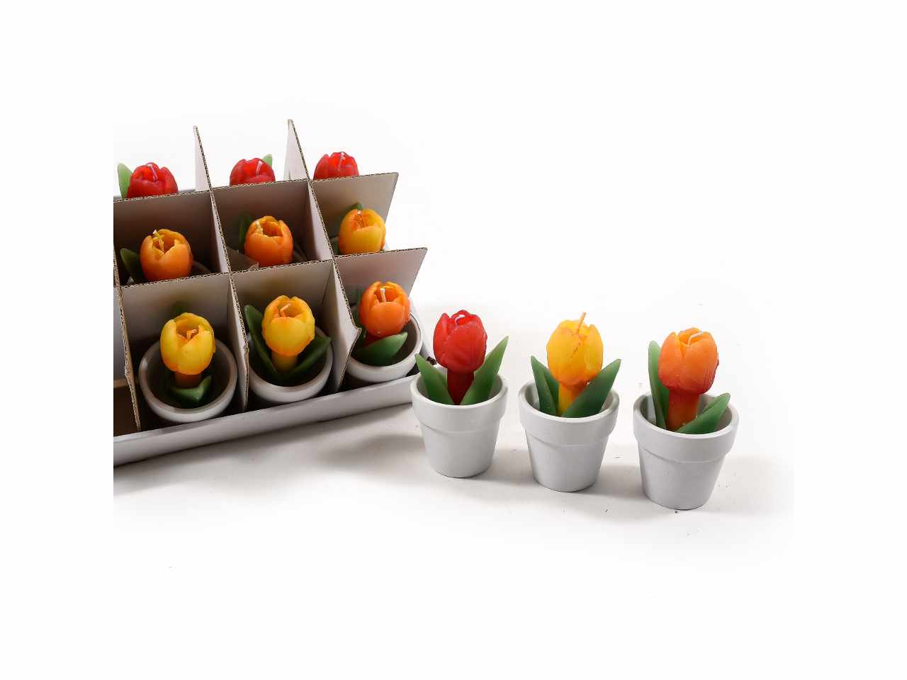 Candela tulipano in vaso di ceramica misura d.5,5x10cm in colori assortiti