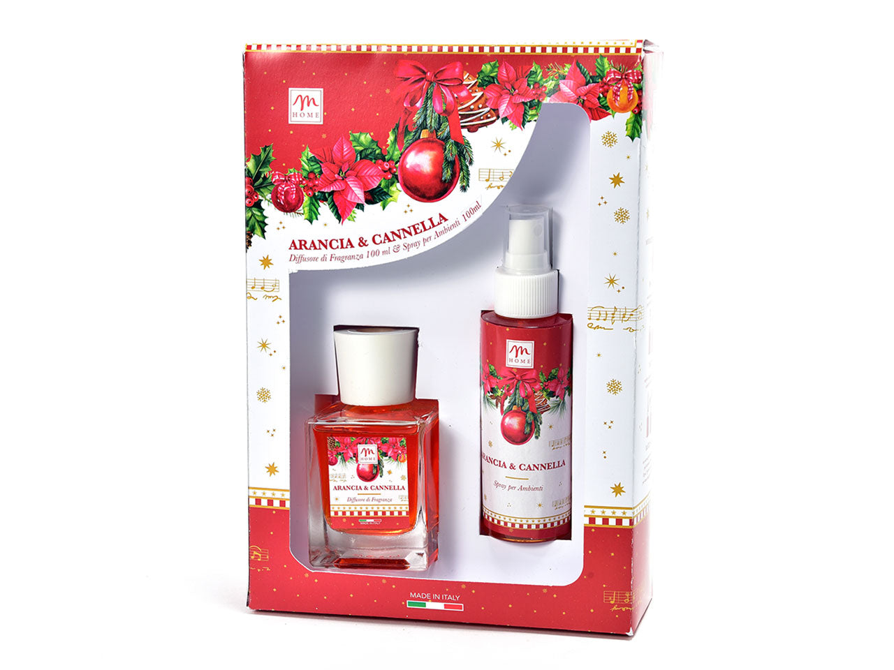 Christmas dream in set da 2, diffusore di essenza 100ml e spray 100ml fragranza arancia e cannella con bacchette in cotone in scatola regalo